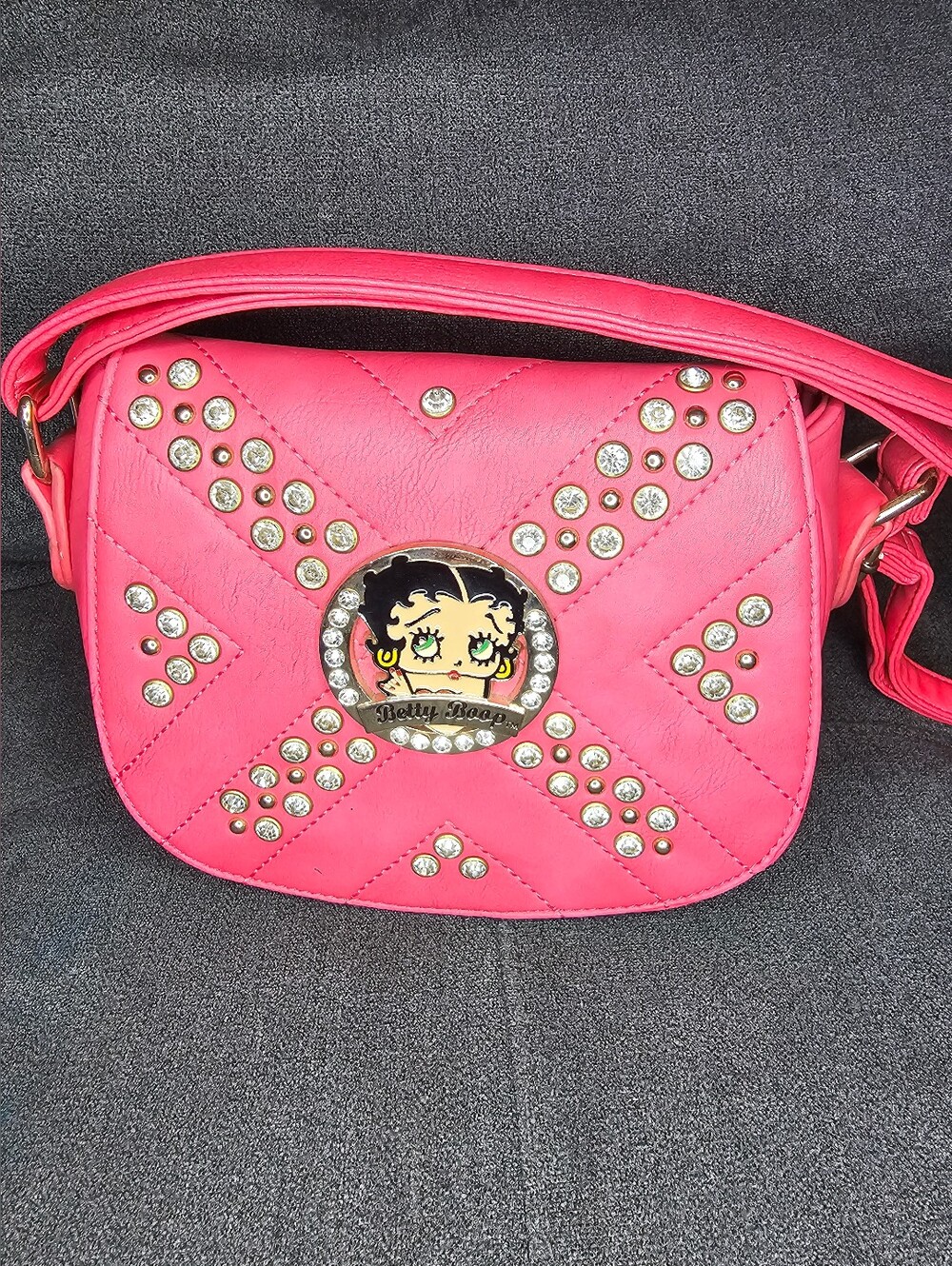 Betty Boop Pink Studded Crossbody Bag with Character Emblem